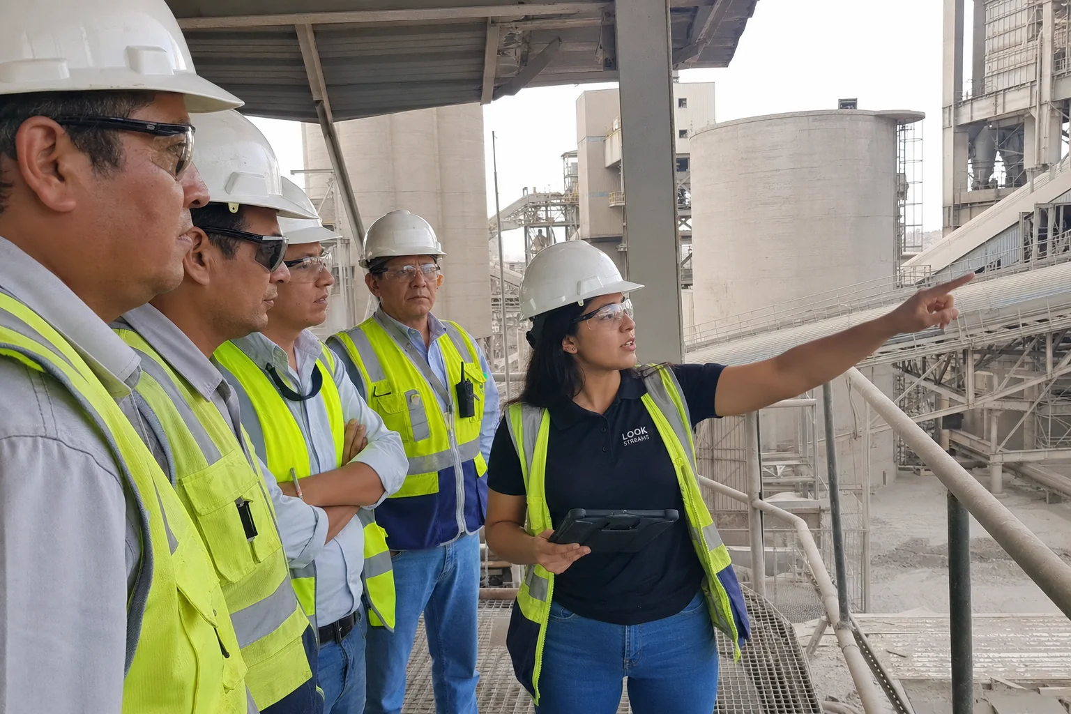 Especialista joven de Look Streams guía a ingenieros durante una inspección en una planta cementera.